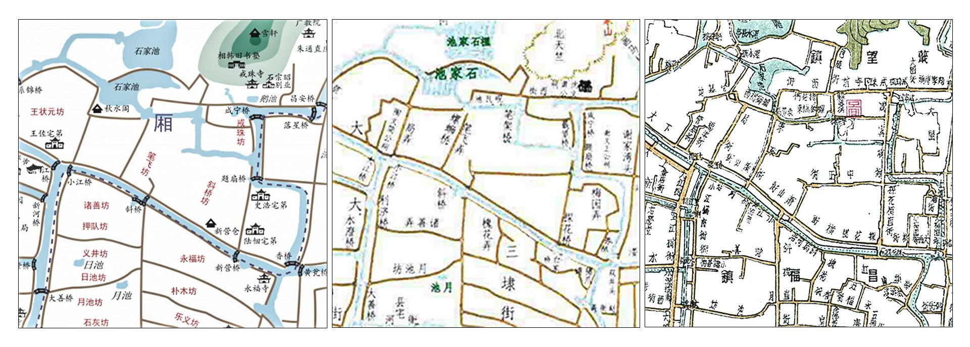 1702872125402579hNor.jpg 圖3 紹興各個時期老地圖,從左到右:南宋時期紹興府城圖書圣故里片、光緒時期書圣故里地圖、民國時期1939年書圣故里地圖.jpg
